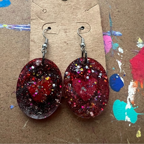 Happy Red Heart Smiley Face Earrings - Picture 3 of 7